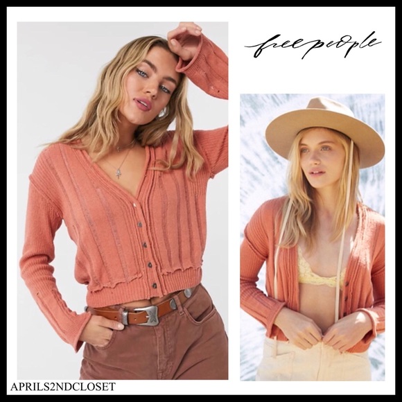 FREE PEOPLE BOHO CARDI LONG SLEEVES RIB KNIT CROP CARDIGAN A3C - Picture 3 of 15